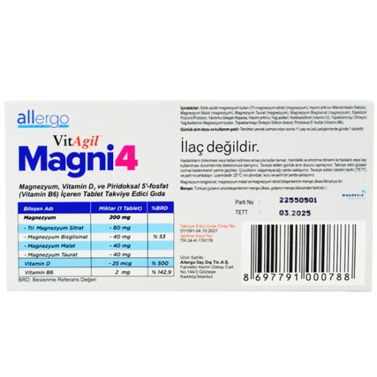 Allergo VitAgil Magni4 Magnezyum Vitamin D3 P5P 30 Tablet - 4