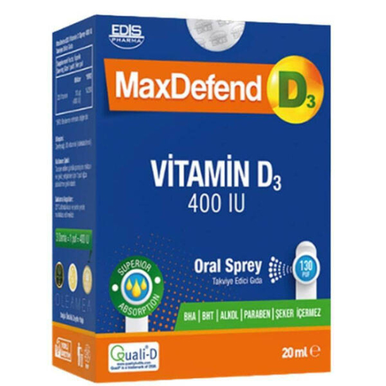 Edis Pharma MaxDefend Vitamin D3 400IU Oral 20 ml Sprey Takviye Edici Gıda - 1