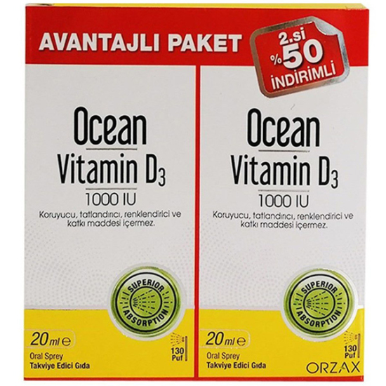 Orzax Ocean Vitamin D3 Sprey 1000 IU 20 ML 2li Avantaj Paket - 1