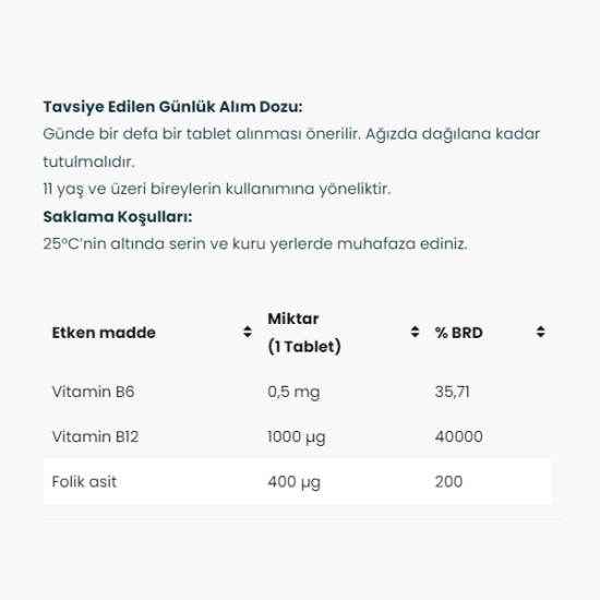 Venatura B Trio ODT Metilkobalamin Metilfolat ve P 5 P Takviye Edici Gıda 30 Tablet - 2