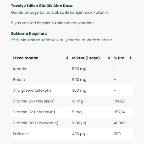 Venatura Methyl Plus Kreatin Betain Alfa Gliserofosfokolin ve B Vitaminleri 30 Saşe Gıda Takviyesi - 2